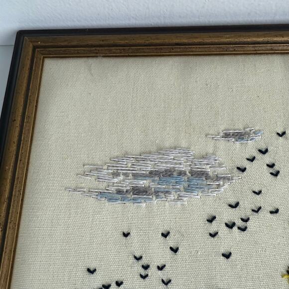 Vintage Covered Bridge Crewel Art Framed Embroidered Landscape Art Fall - Picture 5 of 8